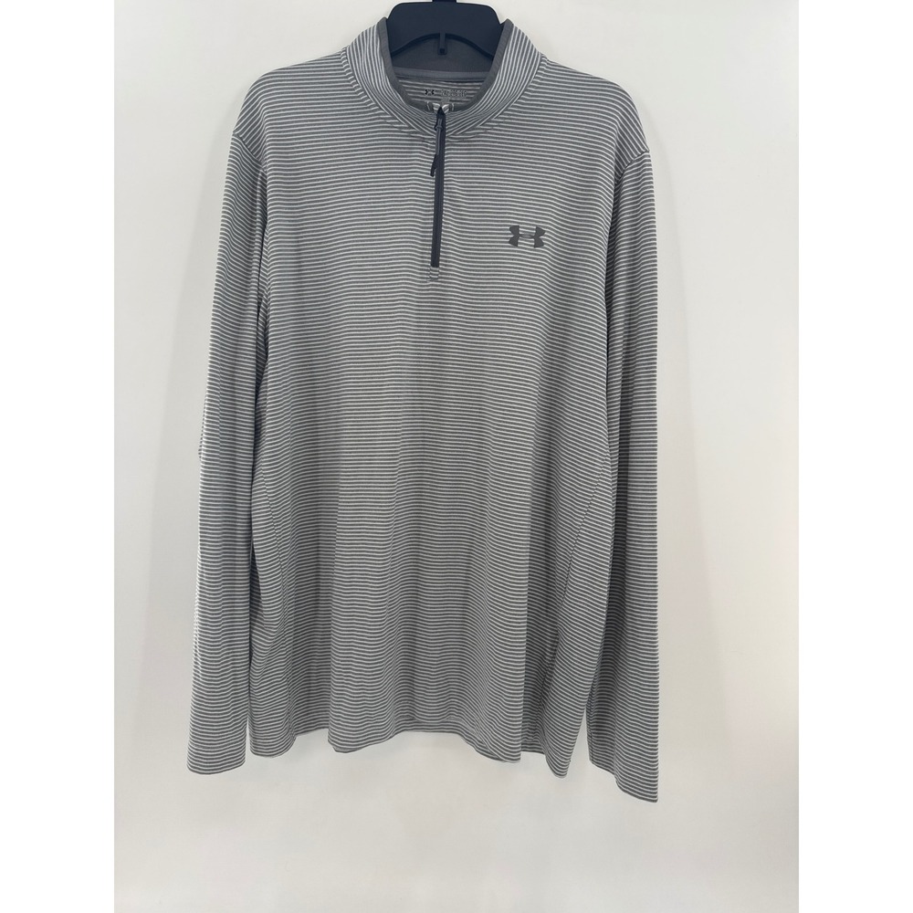 Under Armour‎ Mens 2XL ColdGear 1/4 Zip Pullover Grey Striped Loose Fit Golf Top